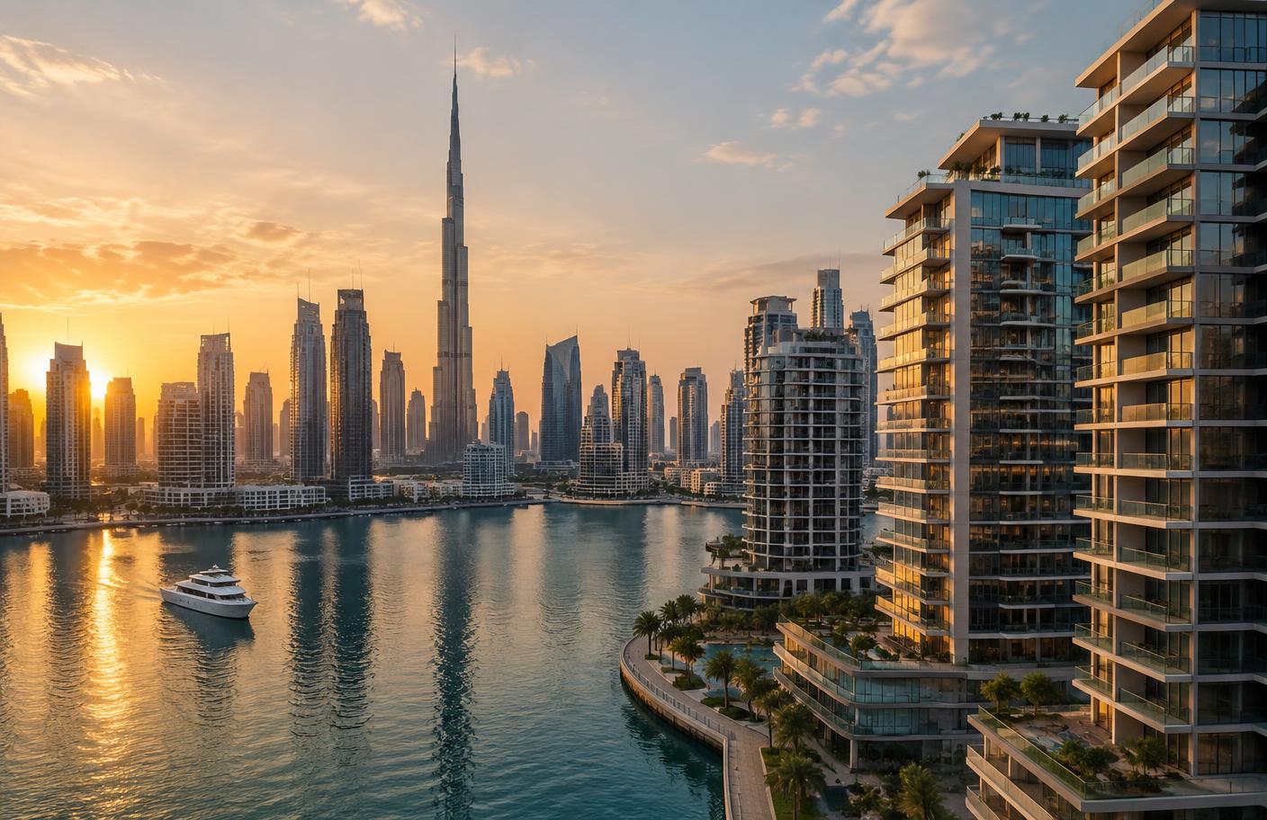 أفق دبي والمباني السكنية الحديثة عند الغروب